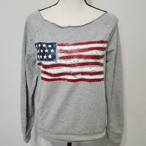 Vintage Mossimo American Flag Sweatshirt Sparkle Glitter Grey Lettuce Edge M